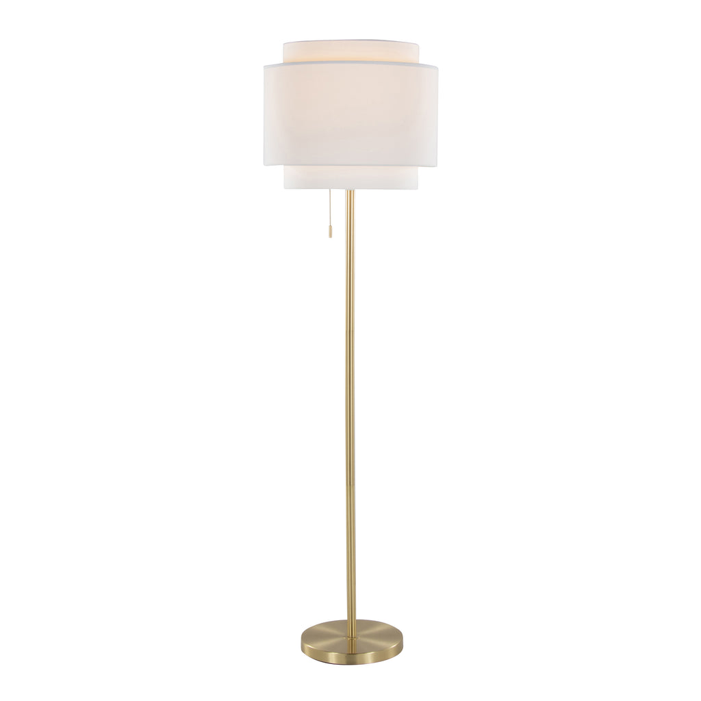 Gold Metal Floor Lamp With Tiered Off-White Linen Shade, 63.5 Inch Contemporary Standing Lamp