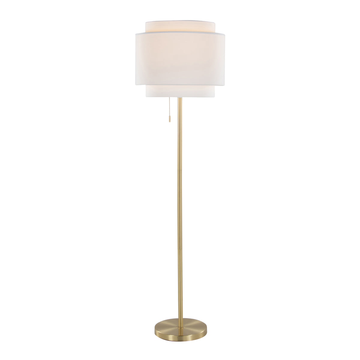 Gold Metal Floor Lamp With Tiered Off-White Linen Shade, 63.5 Inch Contemporary Standing Lamp