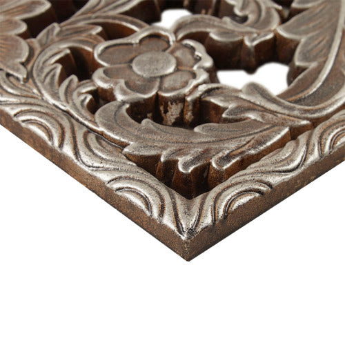 Distressed Carved Wood Wall Decor Set, 2 Piece Bronze Lotus Floral Panels, 15.75" x 31.5"