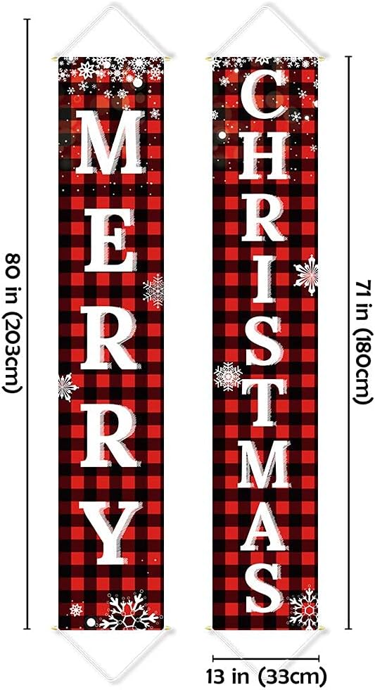 Merry Christmas Porch Sign Set, 2 Red and Black Buffalo Plaid Snowflake Door Banners, 71" x 13" Hanging Yard Decor