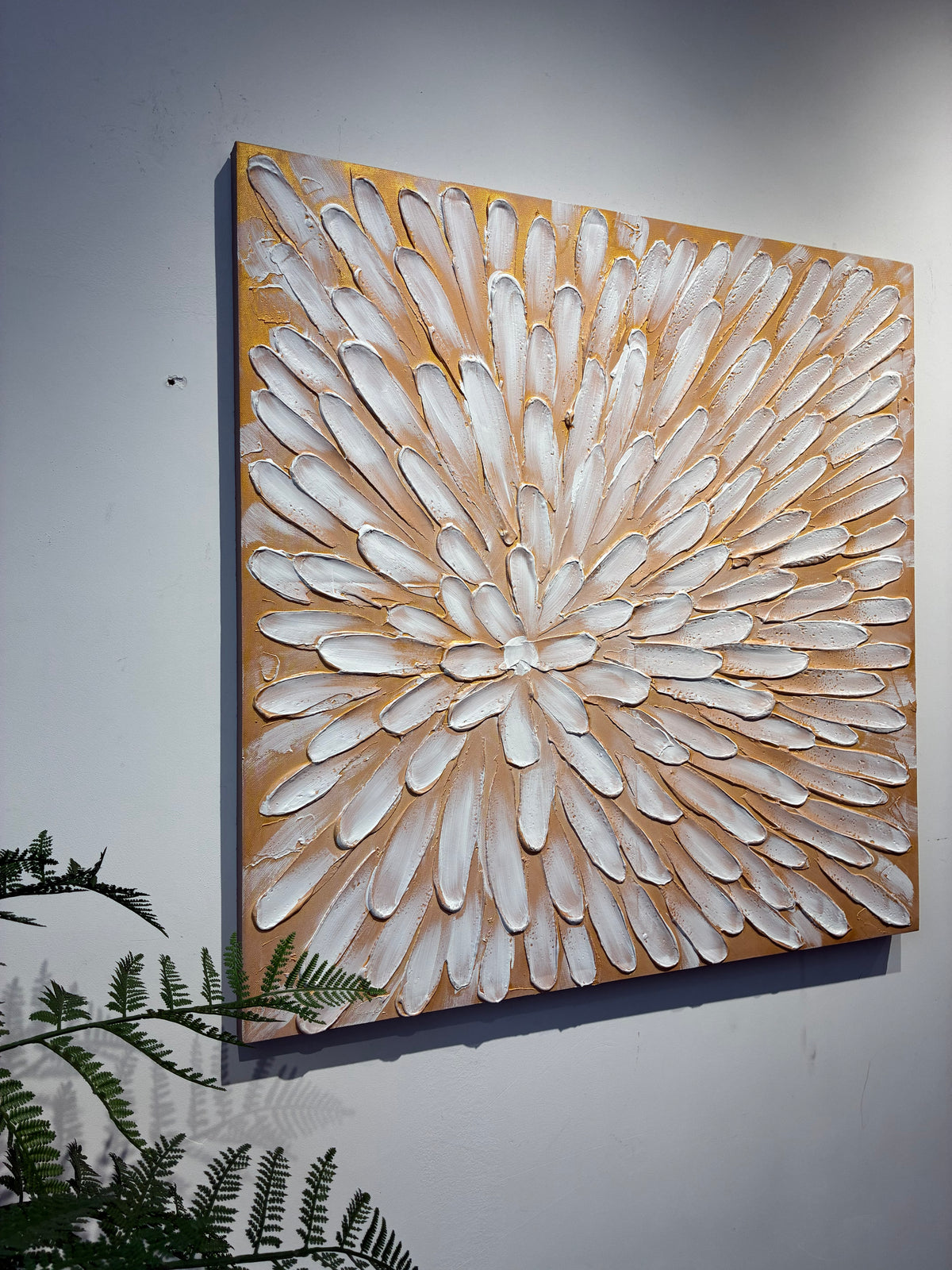 Textured Floral Canvas Wall Art, Set of 2, 32x32 in Antique White and Gold Hand-Painted Impasto Flower Paintings