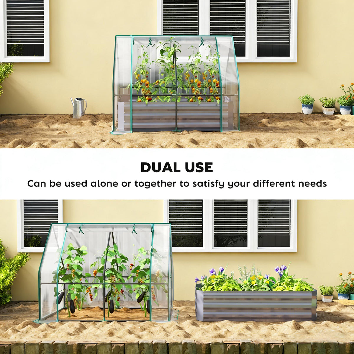 2-in-1 Raised Garden Bed With Mini Greenhouse Cover, Galvanized Steel Planter, 50 x 37.4 x 36.2 Inches, Clear and Dark Gray
