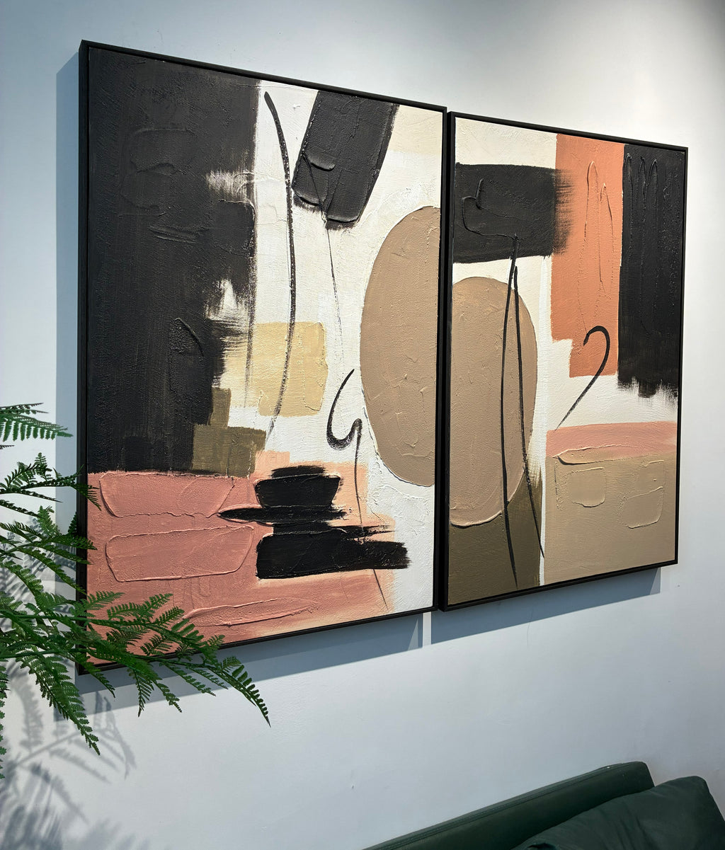 Framed Abstract Canvas Wall Art Set of 2, 25x37 In Black Beige & Terracotta Textured Painting for Living Room and Bedroom