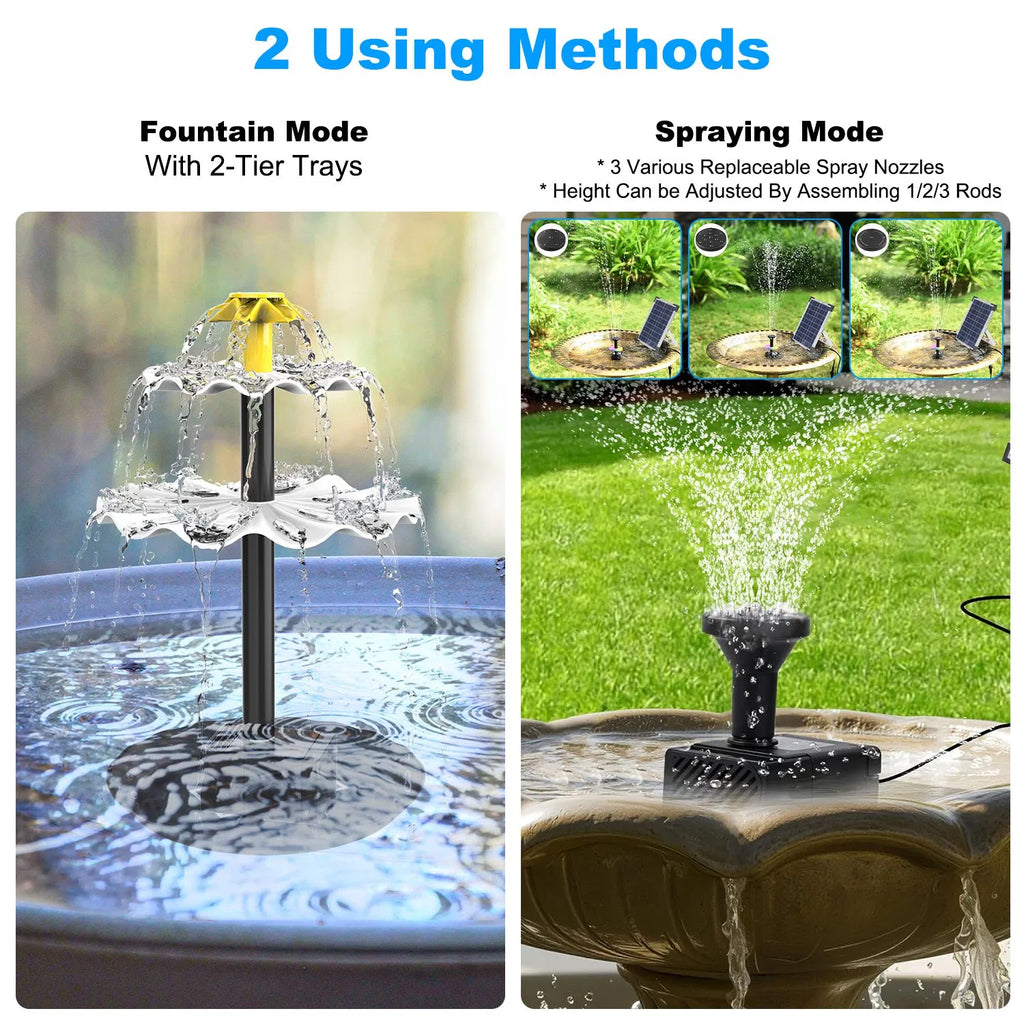Solar Water Fountain Pump for Bird Bath, 6W Panel With Battery Backup, LED Lights, 3 Nozzles and 2-Tier Trays