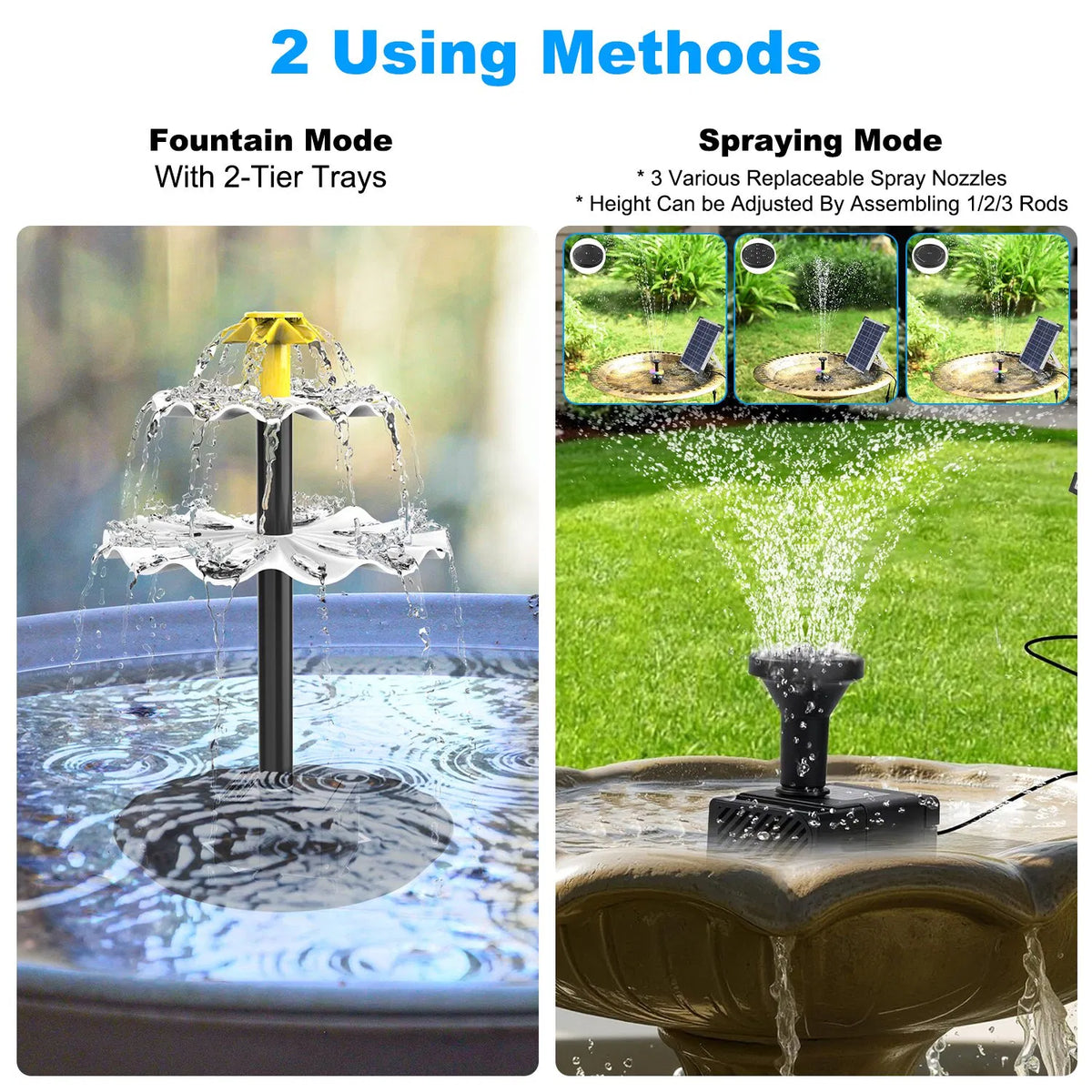 Solar Water Fountain Pump for Bird Bath, 6W Panel With Battery Backup, LED Lights, 3 Nozzles and 2-Tier Trays