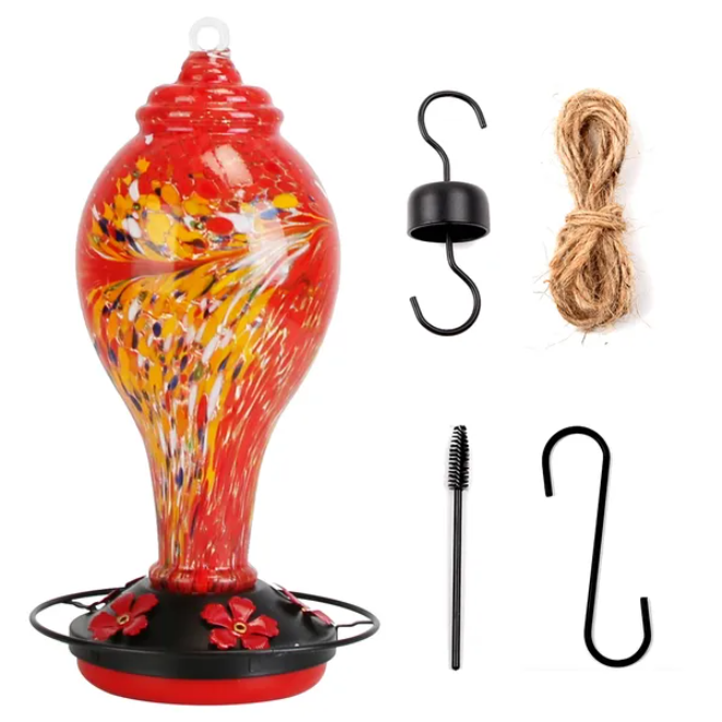 Red hand-blown glass hummingbird feeder with ant moat hook, rope, brush and S hook