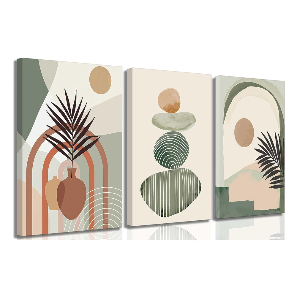 Boho Abstract Canvas Wall Art Set of 3, Framed Sage Green Botanical Prints, 12 x 16 in, Ready to Hang