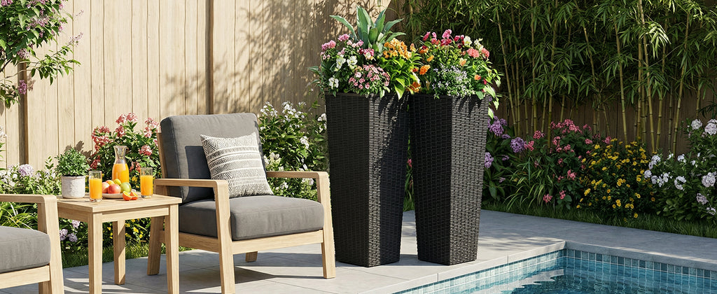 Tall Planters Set of 2, 32 Inch Black Resin Rattan Texture Outdoor Plant Pots with Removable Inner Pots and Drainage Holes
