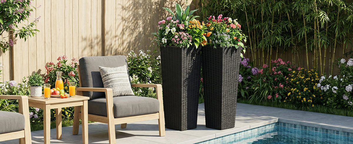 Tall Planters Set of 2, 32 Inch Black Resin Rattan Texture Outdoor Plant Pots with Removable Inner Pots and Drainage Holes