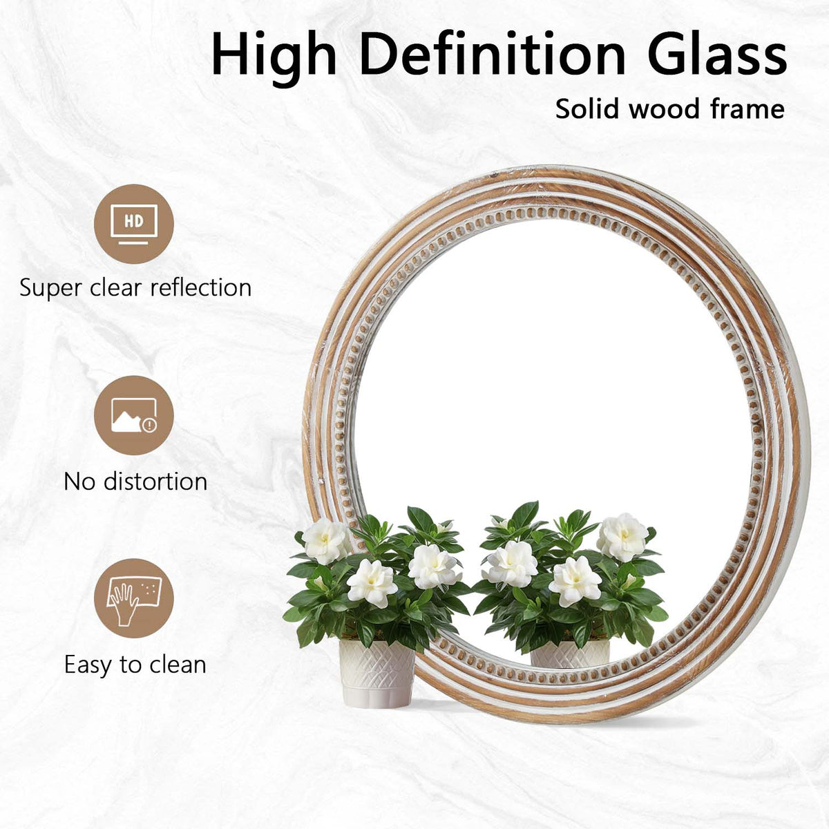Rustic Round Wall Mirror, 23.62 Inch Beaded Wood Farmhouse Circle Mirror, Antique Natural
