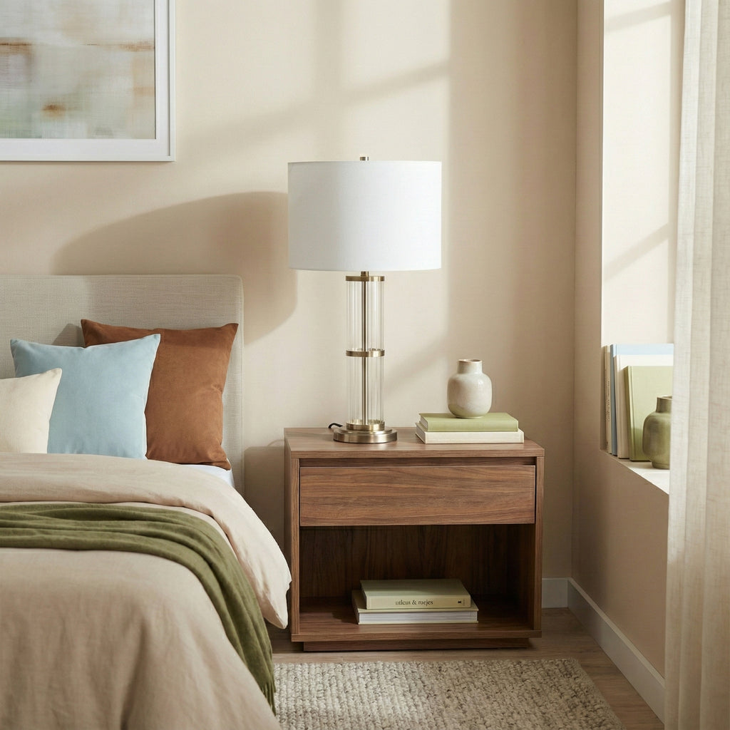 Brushed Nickel Table Lamp With Clear Glass Body, White Linen Drum Shade, 30 In. Bedside Lamp