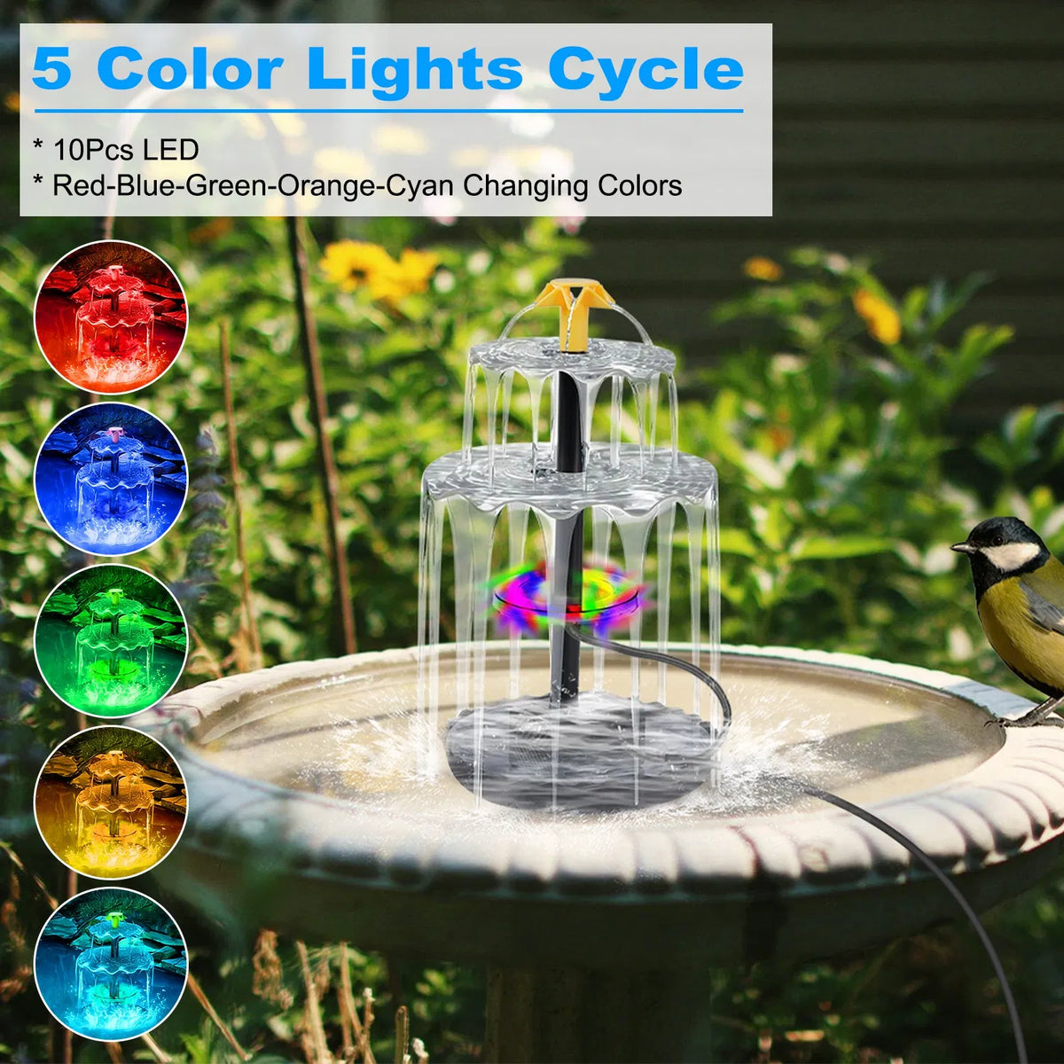 Solar Water Fountain Pump for Bird Bath, 6W Panel With Battery Backup, LED Lights, 3 Nozzles and 2-Tier Trays