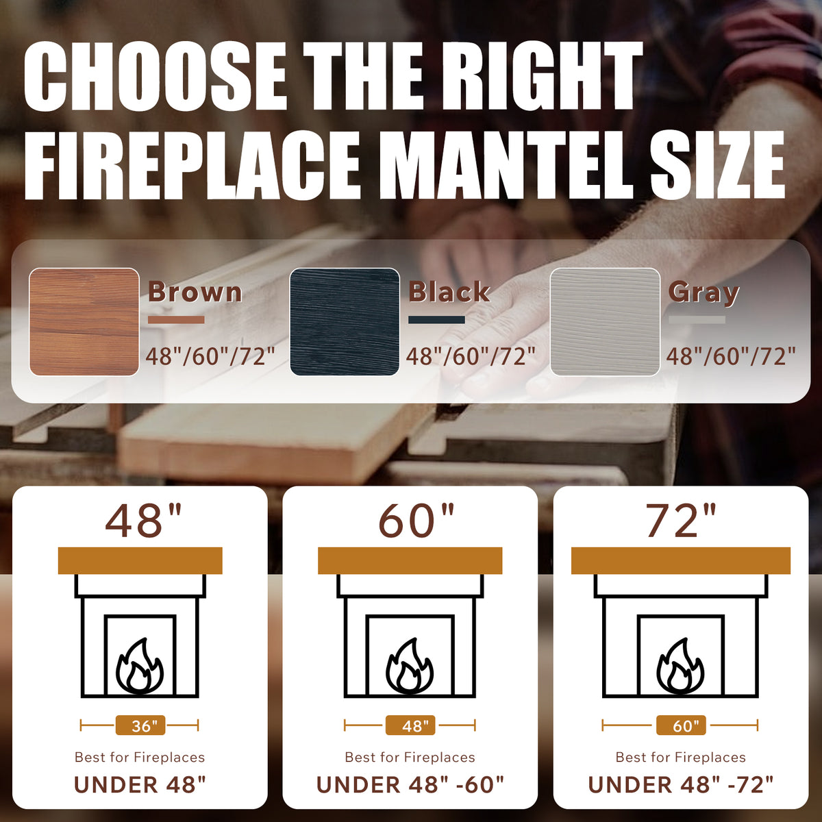 48 Inch Rustic Solid Wood Fireplace Mantel Shelf, Wall-Mounted Floating Shelf in Light Brown