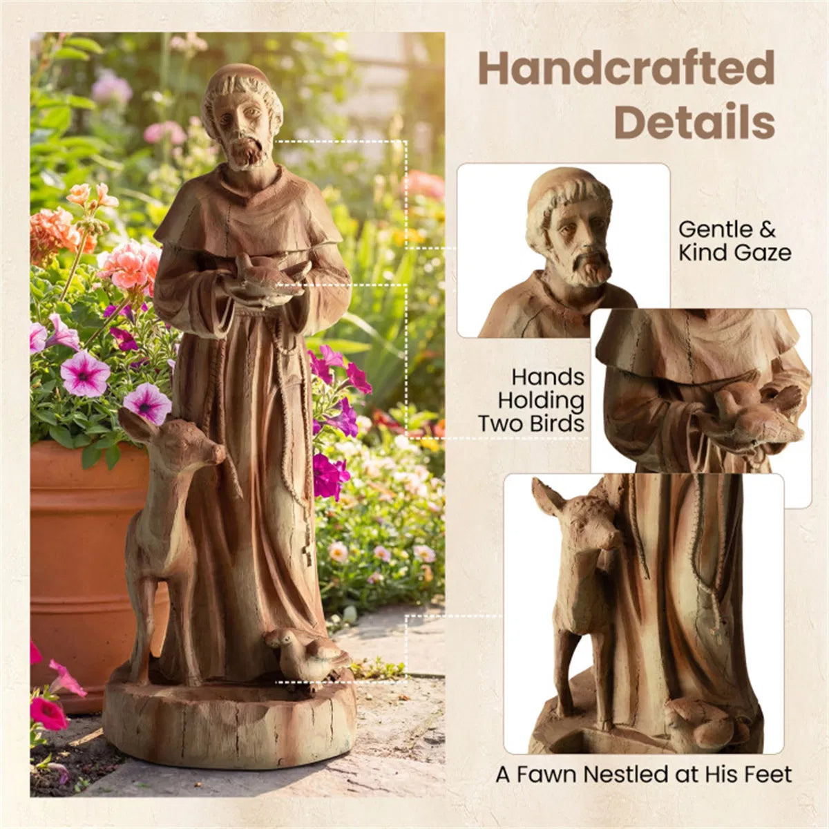 Saint Francis Garden Statue With Built-In Bird Feeder, 24.5" Brown Magnesium Oxide Outdoor Sculpture
