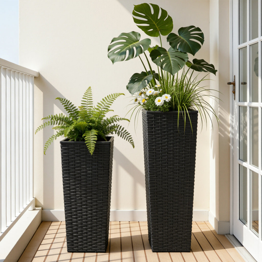 Tall Planters Set of 2, 32 Inch Black Resin Rattan Texture Outdoor Plant Pots with Removable Inner Pots and Drainage Holes