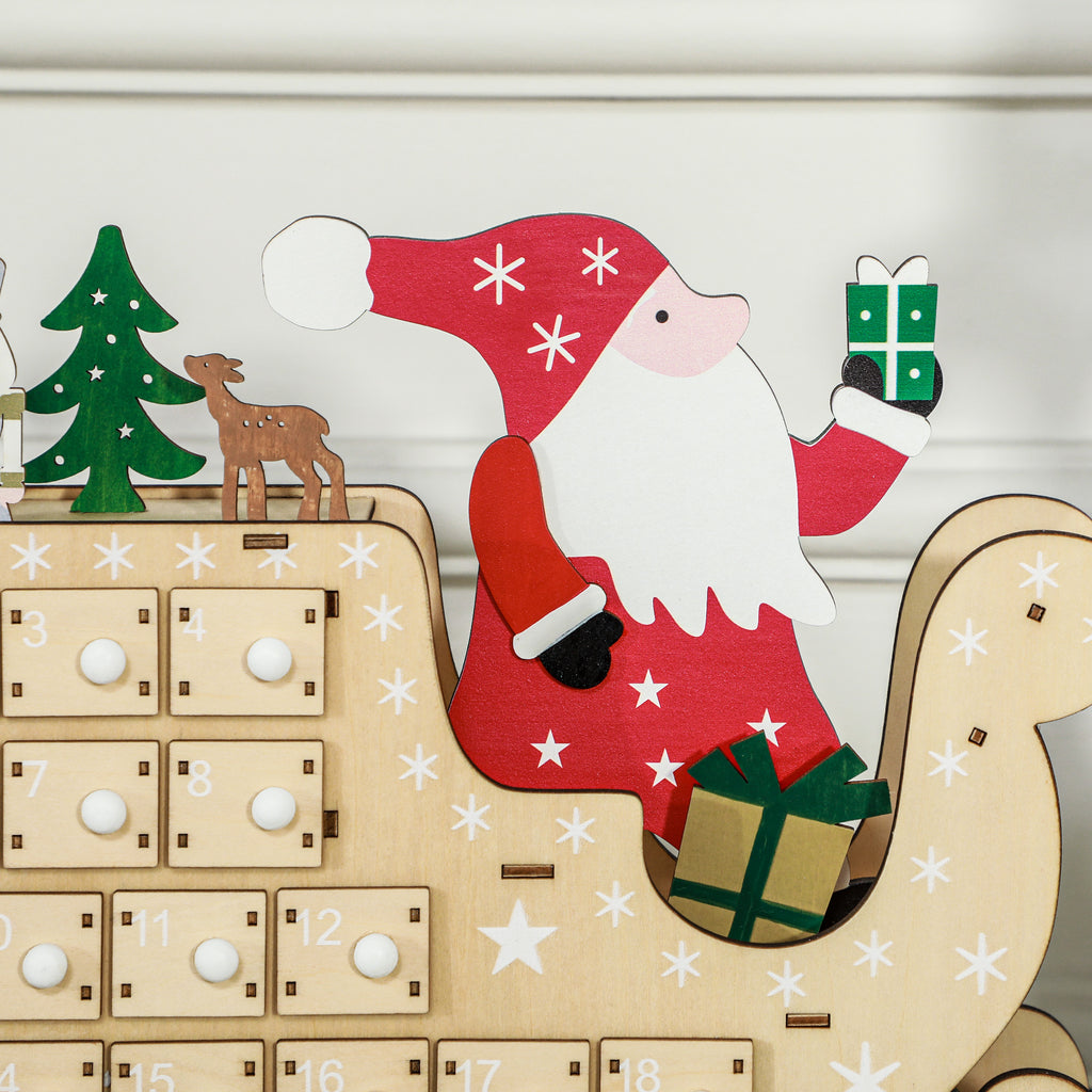 Wooden Christmas Advent Calendar with 24 Countdown Drawers, Santa Sleigh Holiday Decor, Natural