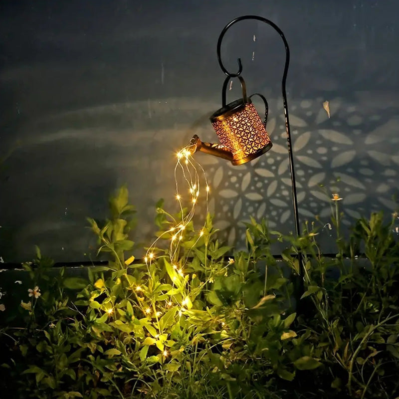 Solar Watering Can Lights With Cascading String Lights, 2 Pack Metal Garden Stake Lanterns
