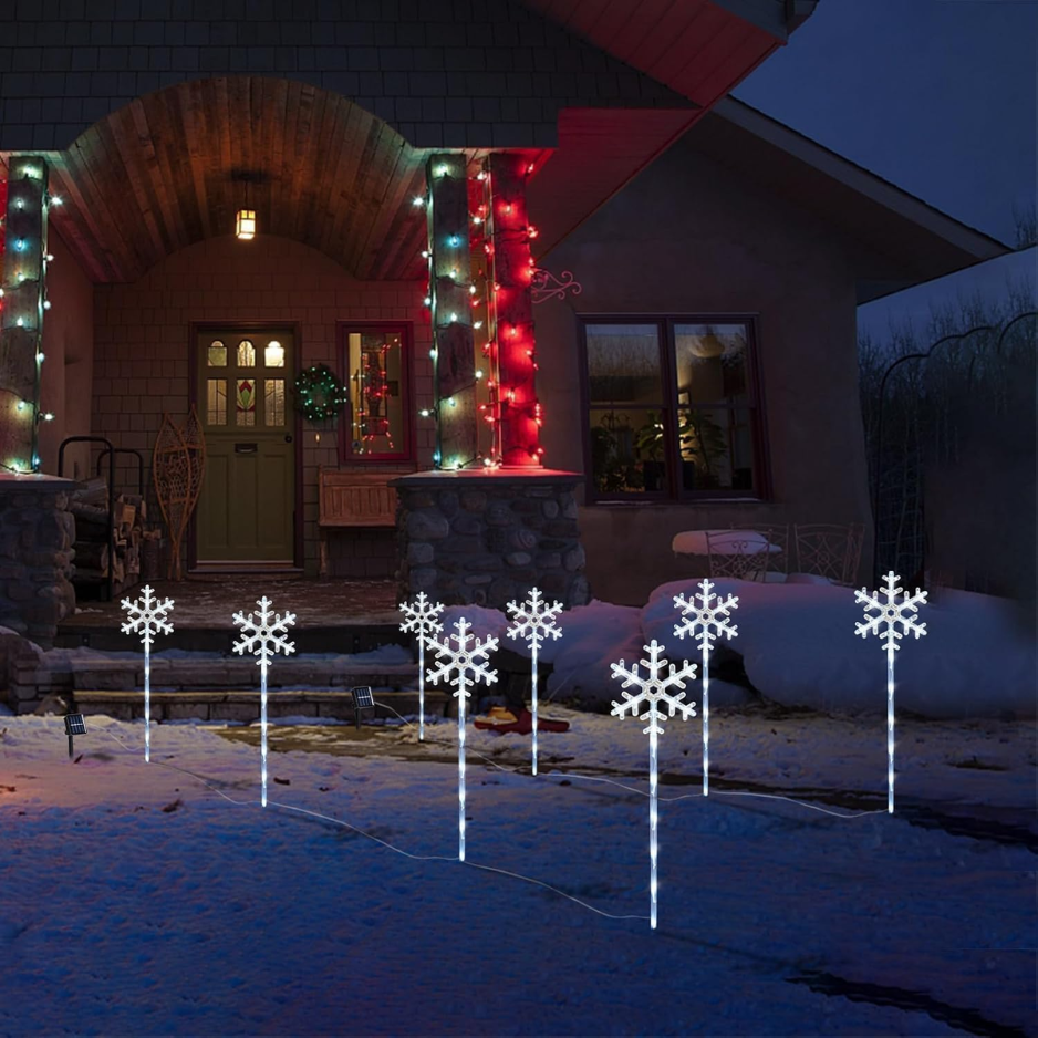 Solar Snowflake Pathway Lights, 4 Pack White LED Christmas Stake Lights for Yard and Walkway