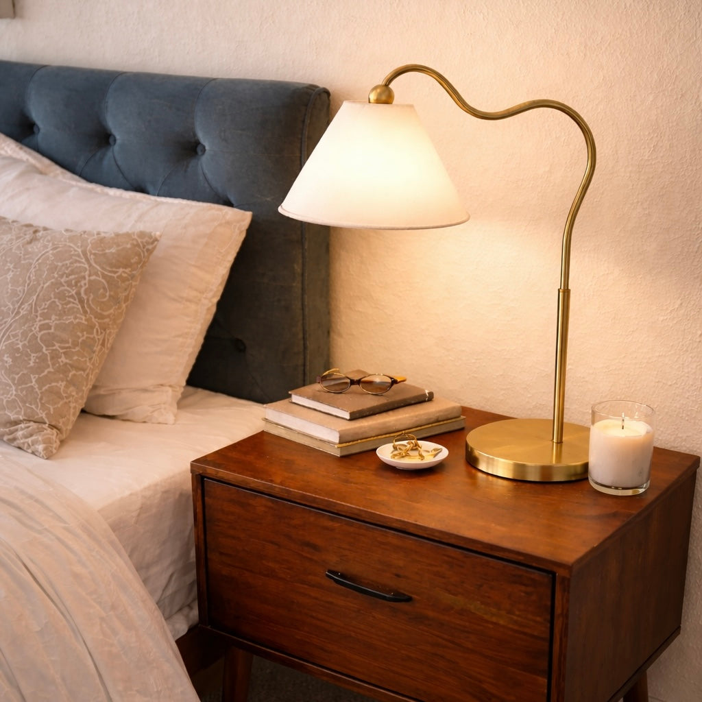 Curved Brass Table Lamp With White Fabric Shade, Gold Metal Ring Base Bedside Lamp, 22 Inches