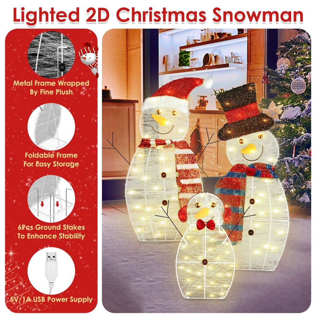 Lighted Snowman Family Yard Decoration, 3 Piece 2D Christmas Snowmen With 60 Warm White LED Lights, Indoor Outdoor Display