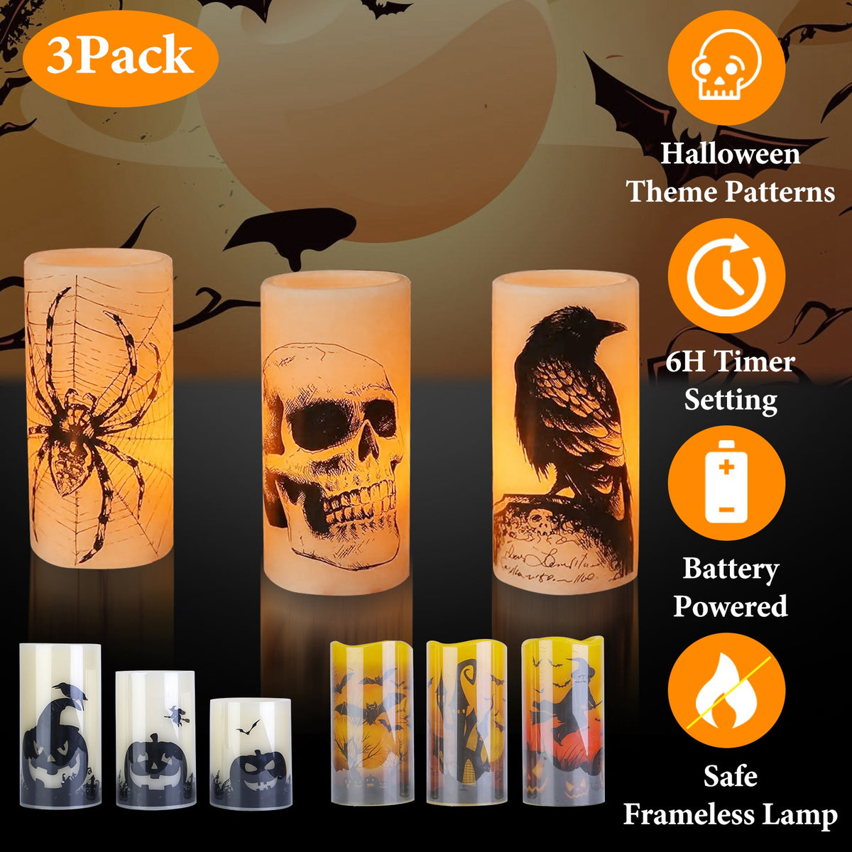 Halloween Flameless LED Candles, Set of 3 Battery Operated Pillar Candle Lamps With 6-Hour Timer, Warm Orange Light