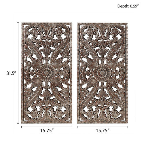 Distressed Carved Wood Wall Decor Set, 2 Piece Bronze Lotus Floral Panels, 15.75" x 31.5"