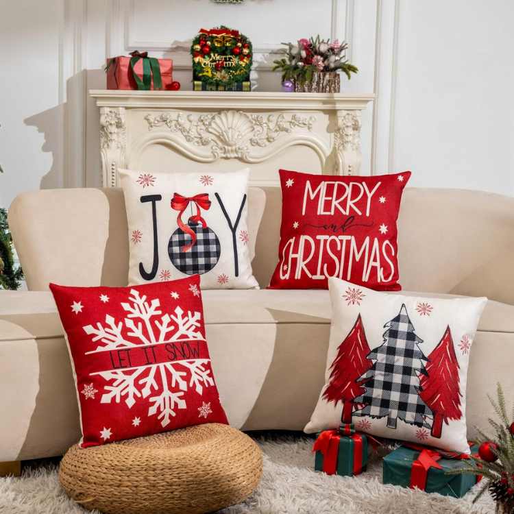 Christmas Throw Pillow Covers, Set of 4 Red and White 18x18 Inch Polyester Linen Cushion Cases with Joy, Snowflake and Tree Designs