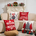 Christmas Throw Pillow Covers, Set of 4 Red and White 18x18 Inch Polyester Linen Cushion Cases with Joy, Snowflake and Tree Designs