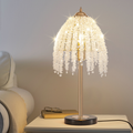 Crystal Table Lamp 19" Gold Waterfall Beaded Shade Nightstand Lamp With Marble Textured Base