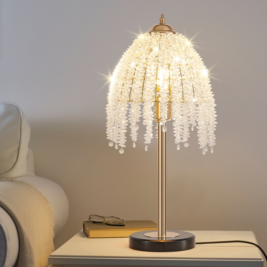 Crystal Table Lamp 19" Gold Waterfall Beaded Shade Nightstand Lamp With Marble Textured Base