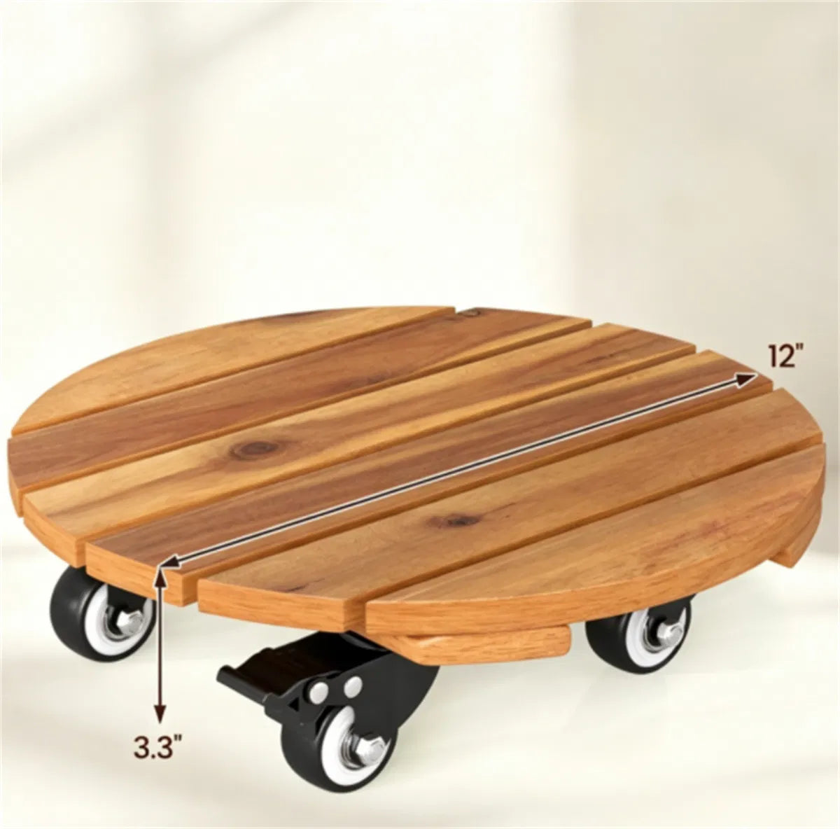 Rolling Plant Caddy Set of 4, 12" Round Acacia Wood Plant Stands With Locking Wheels, Natural Finish