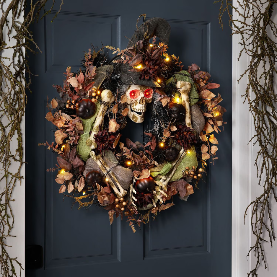 Pre-Lit Halloween Skeleton Wreath, 26 Inch Black Lighted Door Wreath With Red LED Eyes