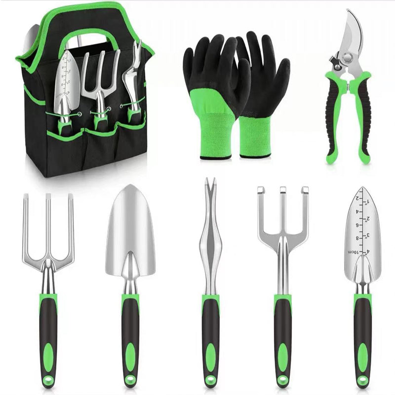 8 Piece Garden Tool Set With Storage Tote, Aluminum Alloy Hand Tools, Pruning Shears and Gloves, Green