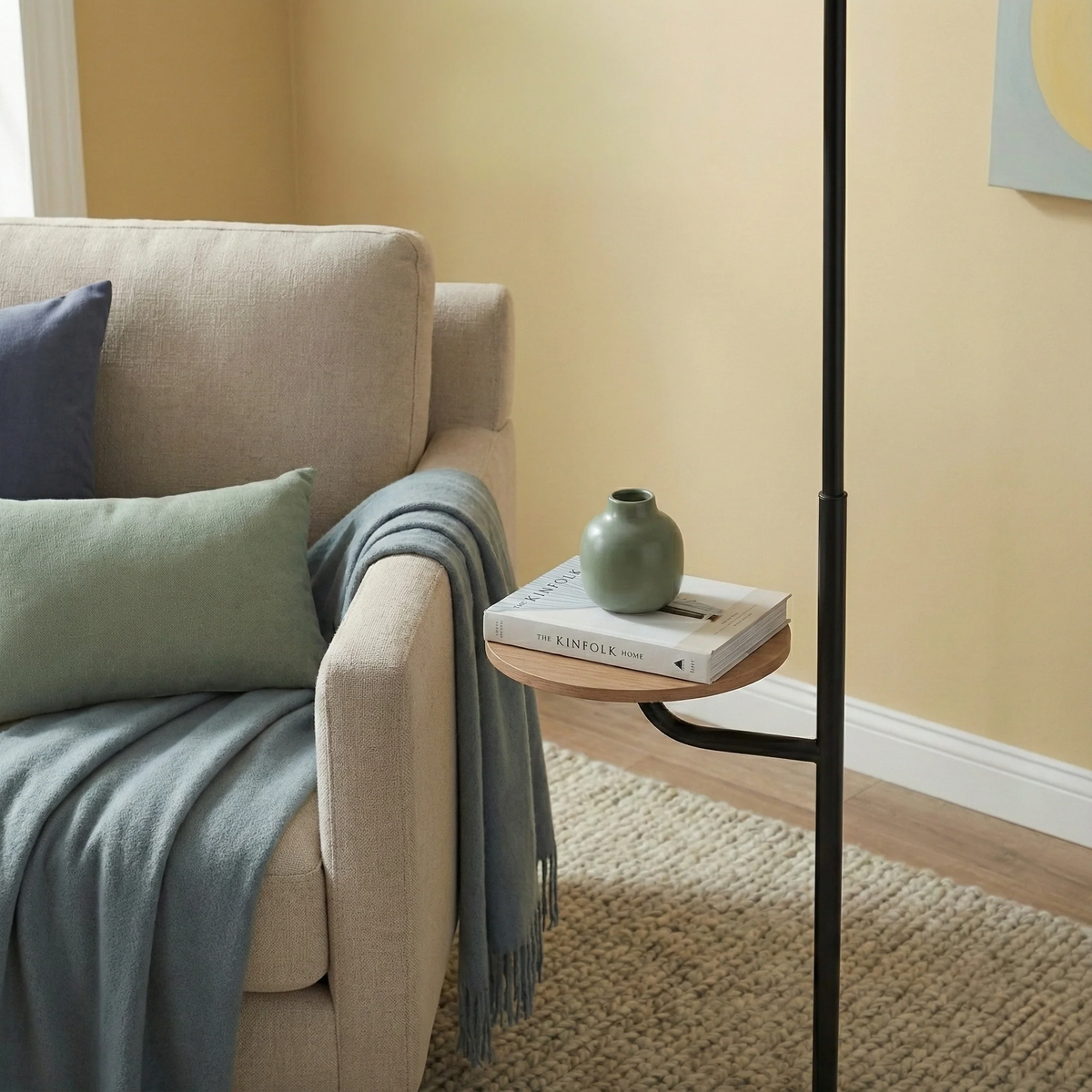 Arched Floor Lamp With Wood Side Table, Black Metal Base and White Linen Shade, 60 in.