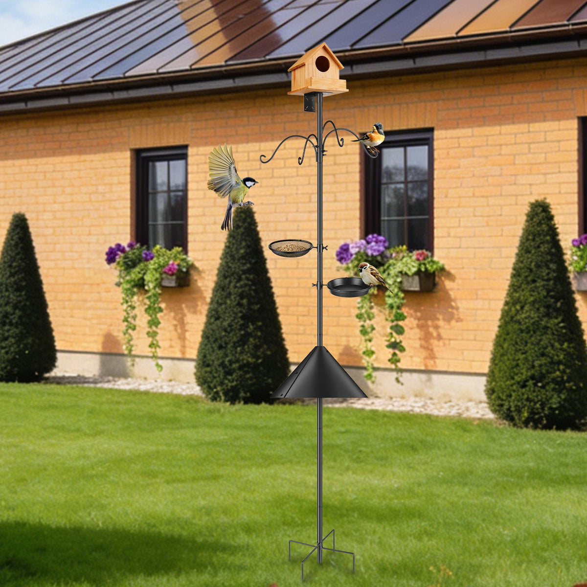 Bird Feeder Pole 94 Inch Squirrel Proof Bird Feeding Station, Black Iron Pole With 4 Shepherd Hooks, Water Bowl, Mesh Tray and 5-Prong Base