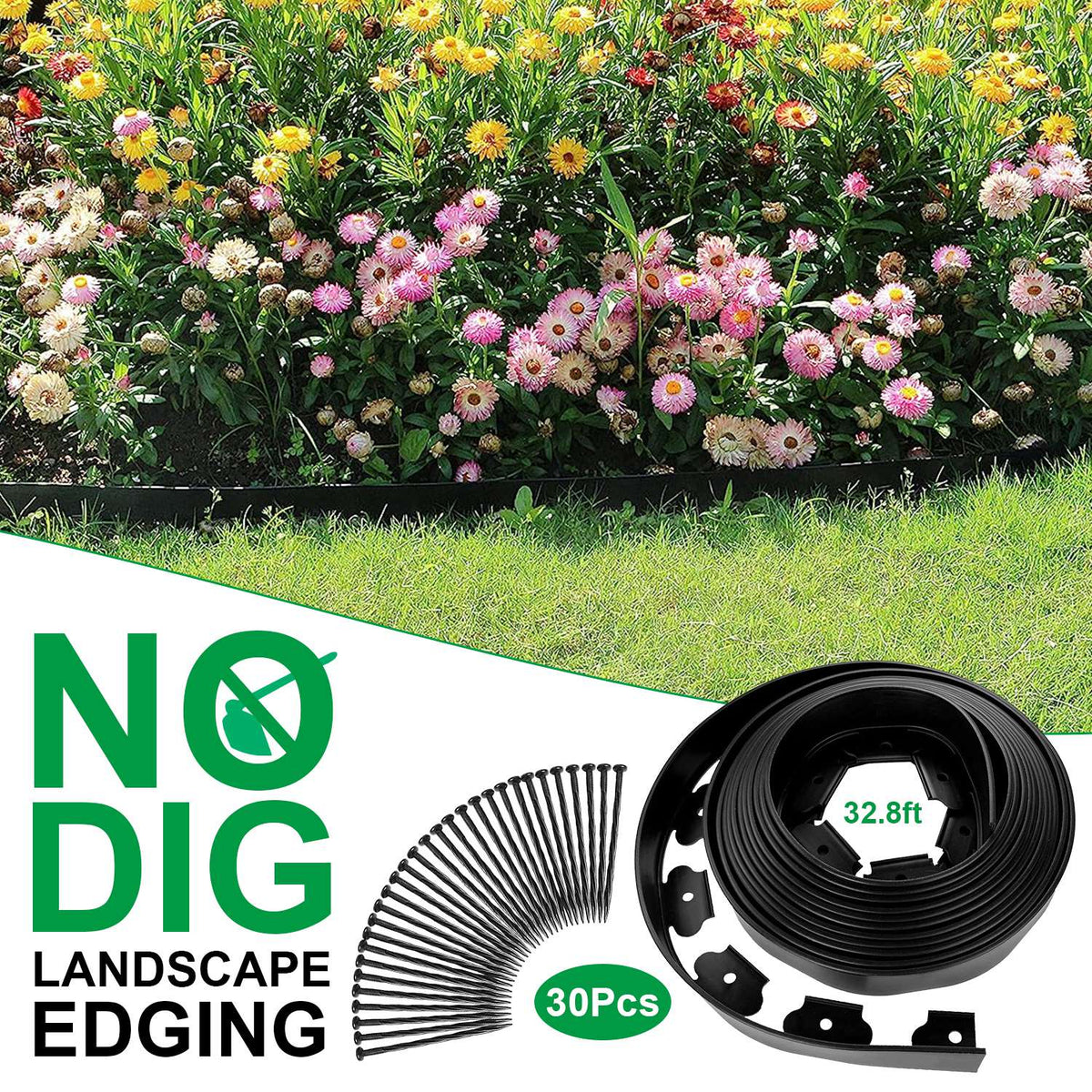 No-Dig Garden Edging Kit, Black Flexible Plastic Landscape Border with Stakes, 32.8, 60 or 100 ft