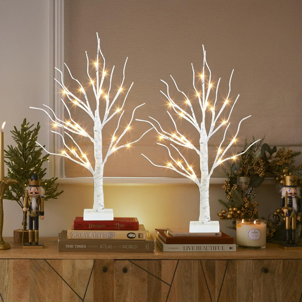 2 Ft Lighted Birch Tree With 24 Warm White LED Lights, White Battery Powered Tabletop Tree