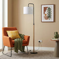 Arc Floor Lamp With White Cylinder Shade, Black Metal and Wood-Look Pole, 59" Standing Reading Light