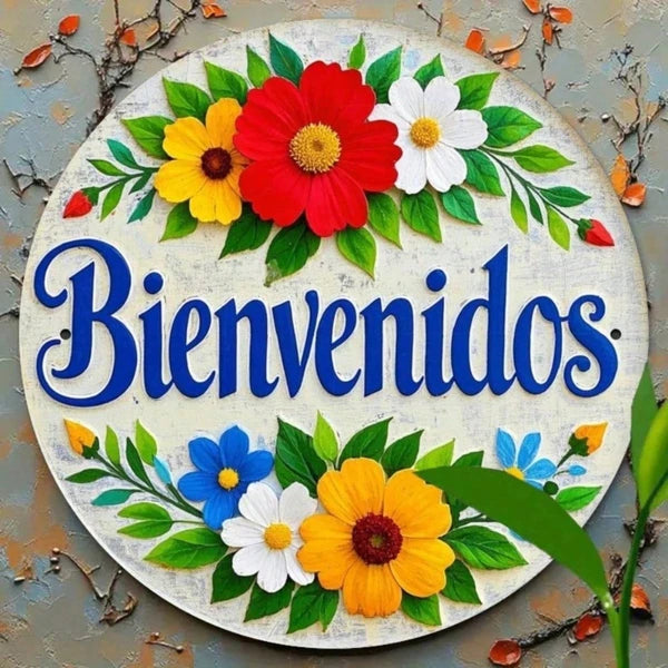 Bienvenidos Welcome Sign, Round Metal Floral Wall Plaque, 7.87 Inch Rustic Spanish Front Door Decor