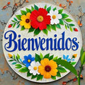 Bienvenidos Welcome Sign, Round Metal Floral Wall Plaque, 7.87 Inch Rustic Spanish Front Door Decor