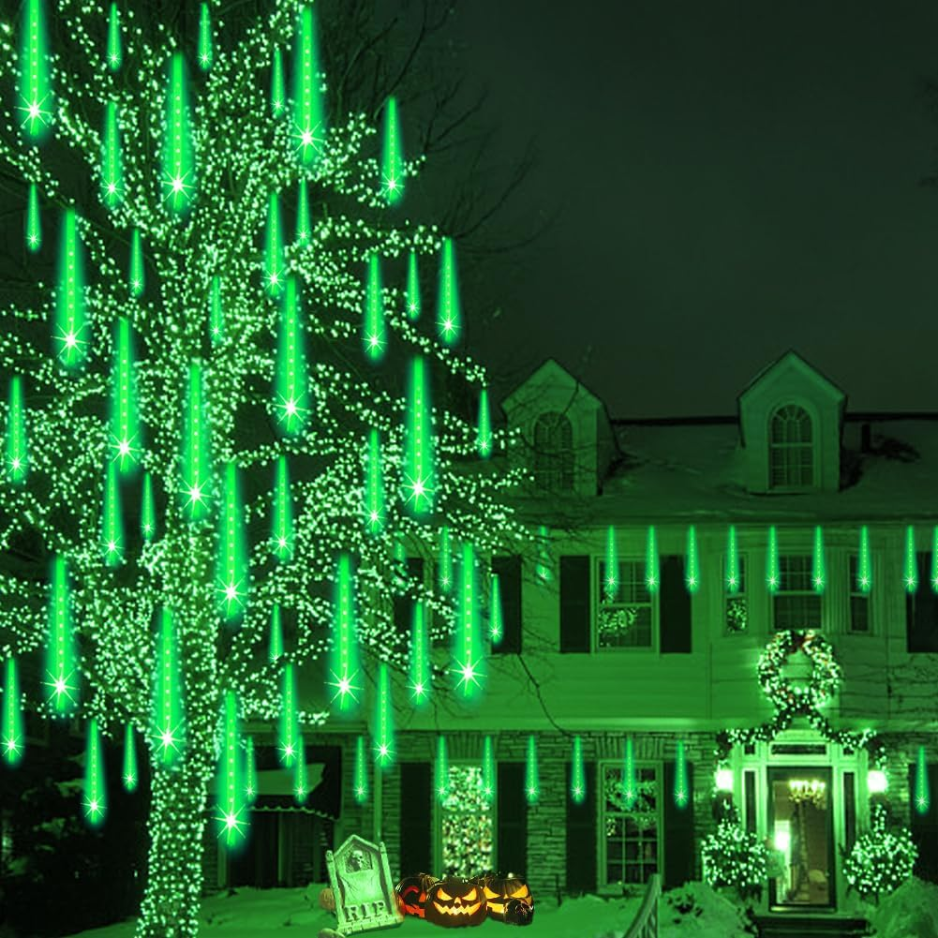 Meteor Shower Lights Outdoor, 8 Tube 192 LED Green Falling Rain Icicle String Lights for Christmas and Halloween, 12 in Tubes