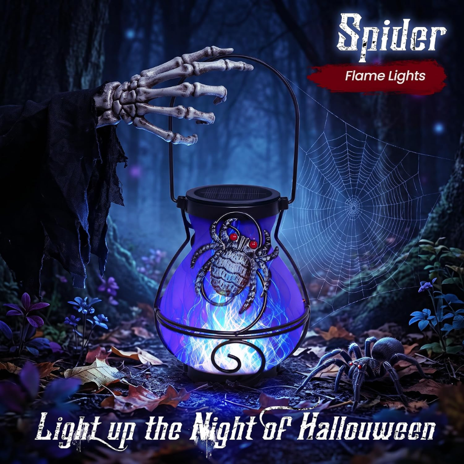Halloween Solar Spider Lanterns, 2 Pack Hanging Outdoor Lights With Flickering Blue Flame, Waterproof Patio Decor