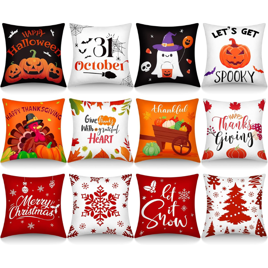 Holiday Throw Pillow Covers, Set of 12, 18 x 18 Inch Halloween Thanksgiving and Christmas Polyester Cushion Cases
