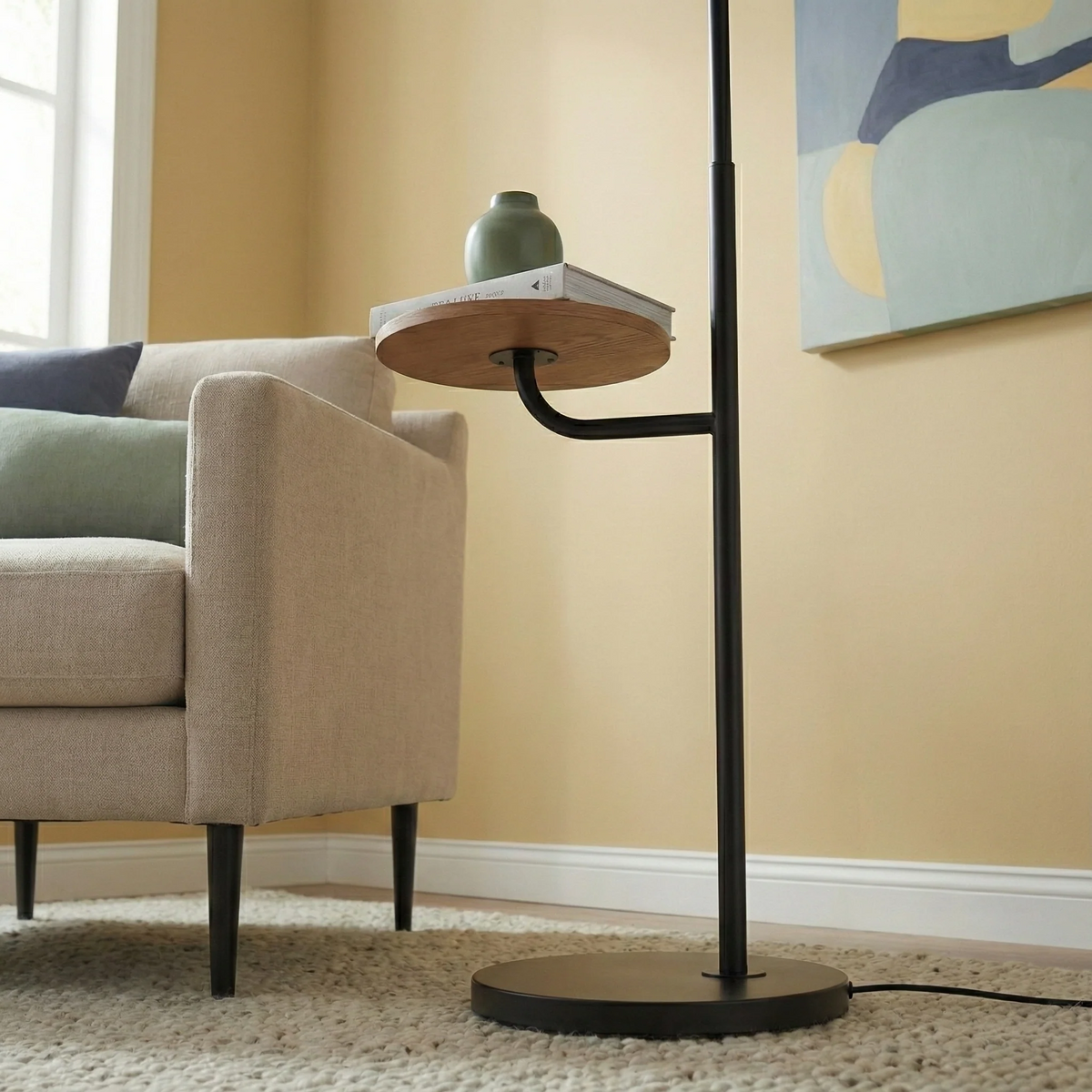 Arched Floor Lamp With Wood Side Table, Black Metal Base and White Linen Shade, 60 in.