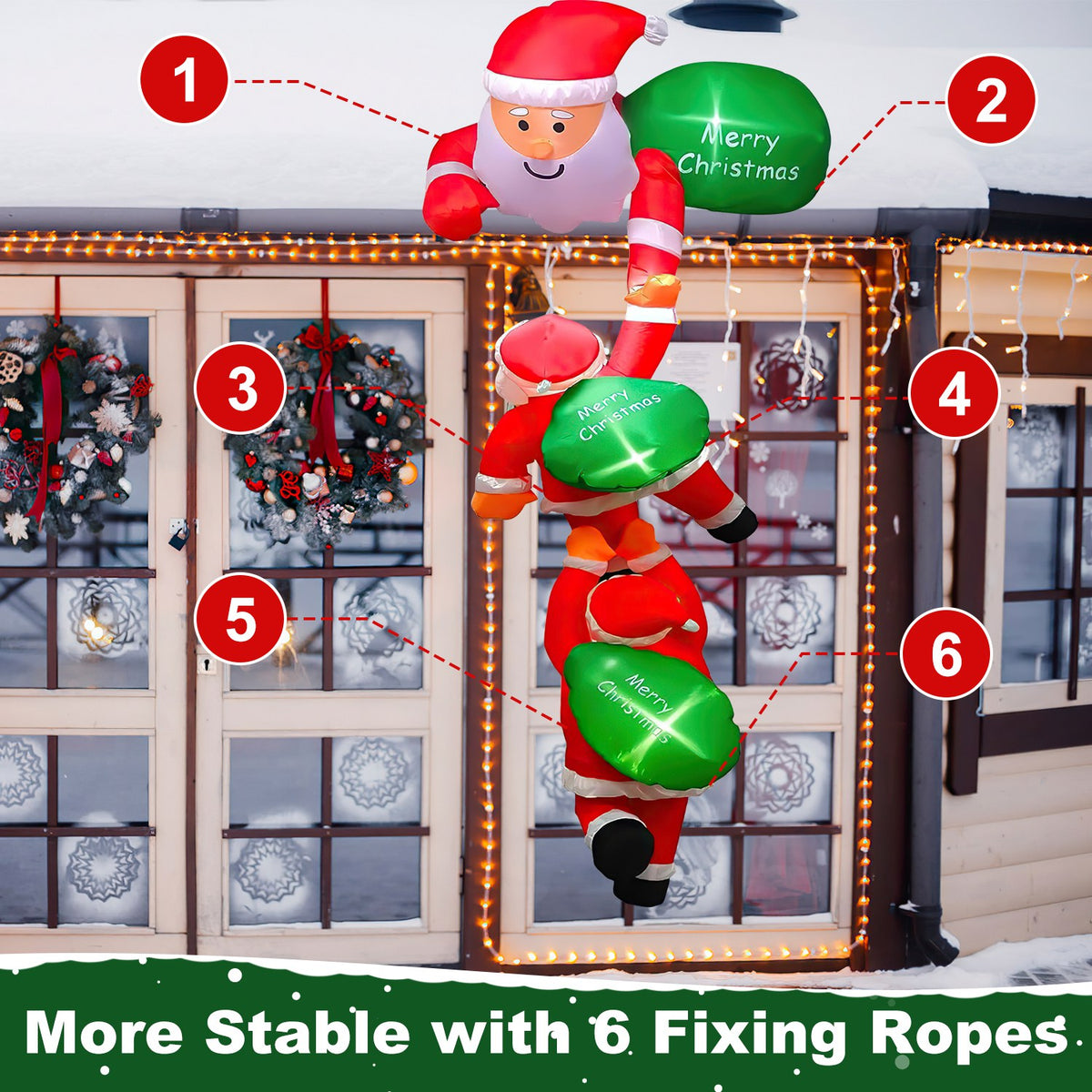 8 Ft Climbing Santa Claus Christmas Inflatable With LED Lights, Hanging Blow Up Outdoor Yard Decoration, 3 Santas and 3 Merry Christmas Bags