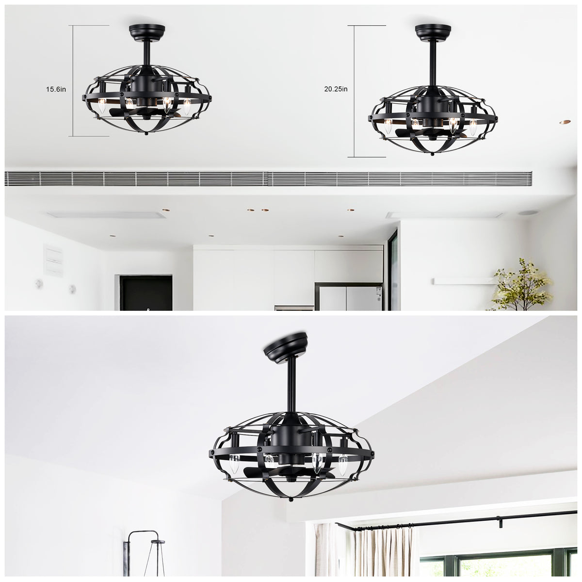 Caged Ceiling Fan With Lights, 20.63 Inch Matte Black Farmhouse Fandelier With Remote, 5 Blades, 4 Lights