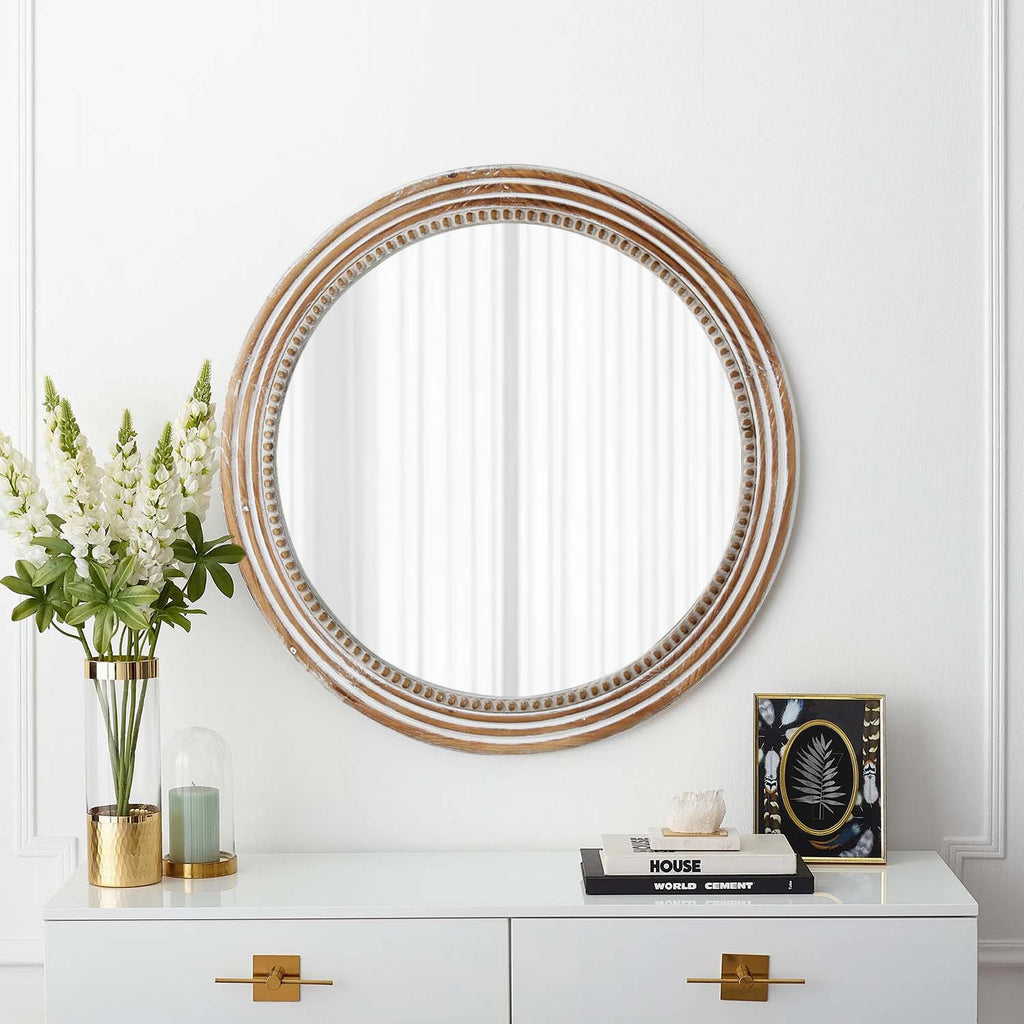 Rustic Round Wall Mirror, 23.62 Inch Beaded Wood Farmhouse Circle Mirror, Antique Natural