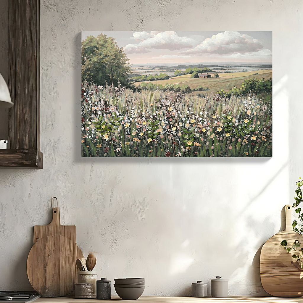 Wildflower Meadow Canvas Wall Art, 24x36 Framed Landscape Print With 3D Faux Floral Accents, Green and Ivory Farmhouse Decor