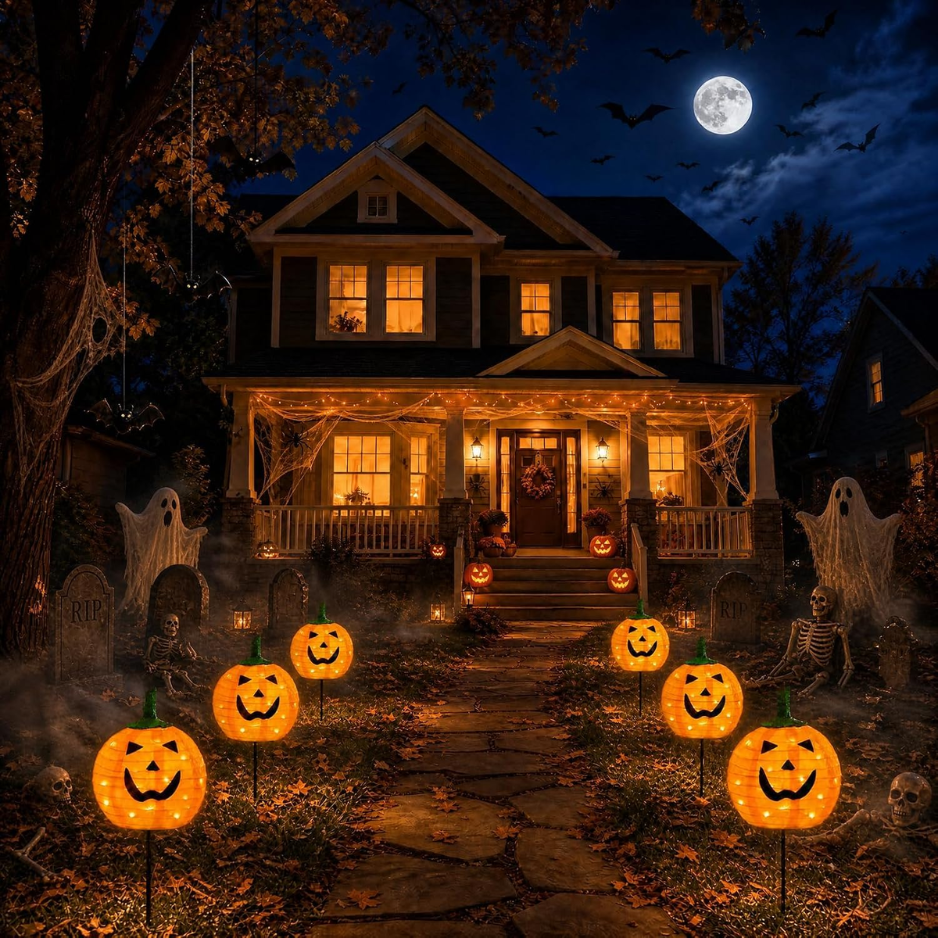 Solar Halloween Pumpkin Stake Lights, 2 Pack 12 Inch LED Jack O Lantern Outdoor Pathway Decorations, Orange