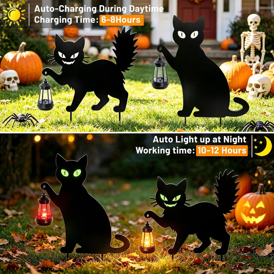 Halloween Black Cat Yard Signs With Hanging LED Lanterns, 2 Piece Metal Garden Stake Set, Glow in the Dark Eyes